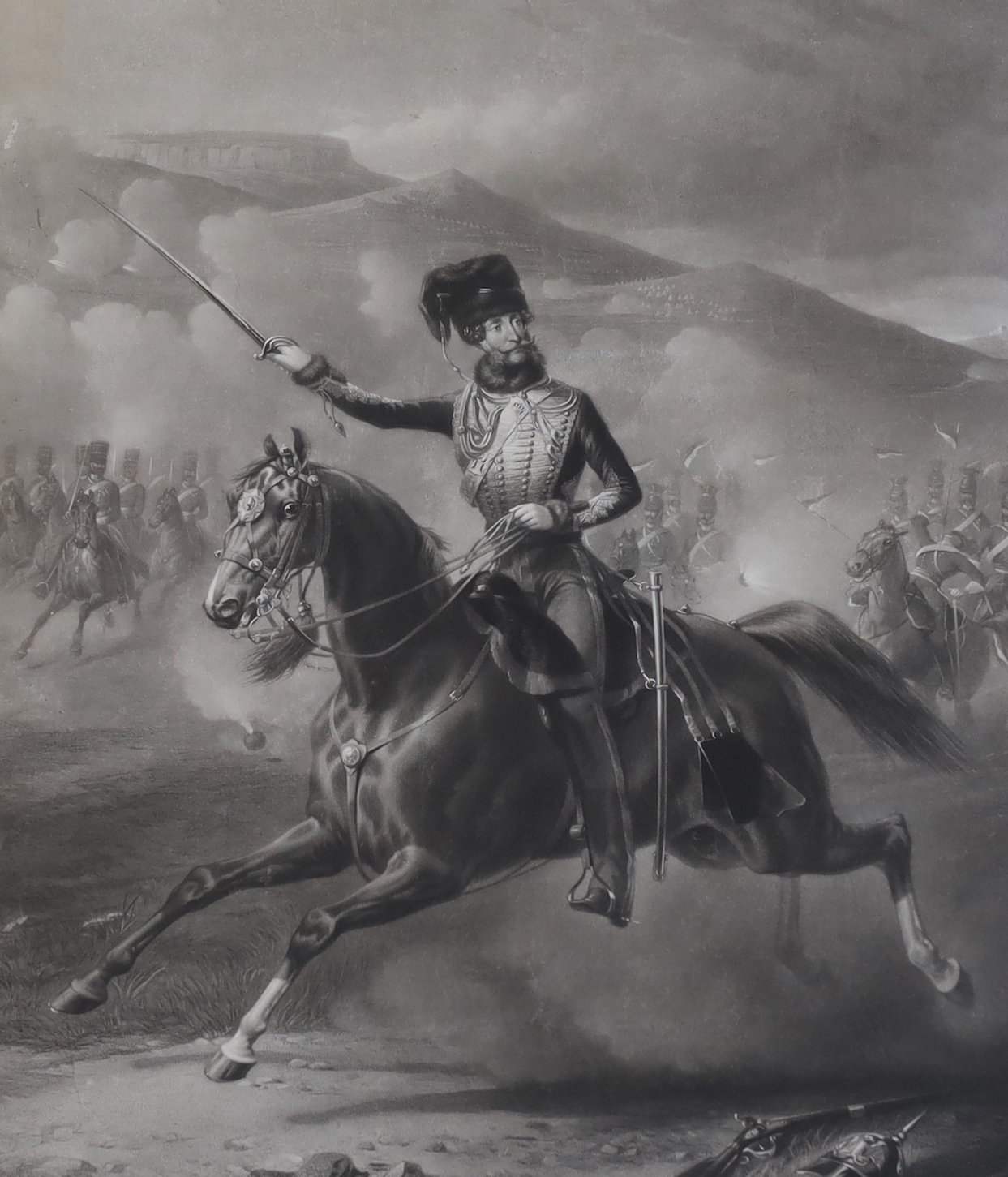 H. Cousins after Frank De Prades, mezzotint, 'The Right Honourable The Earl of Cardigan K.C.B. on his favourite charger, Ronald', published by Fores 1856, visible sheet 79 x 61cm